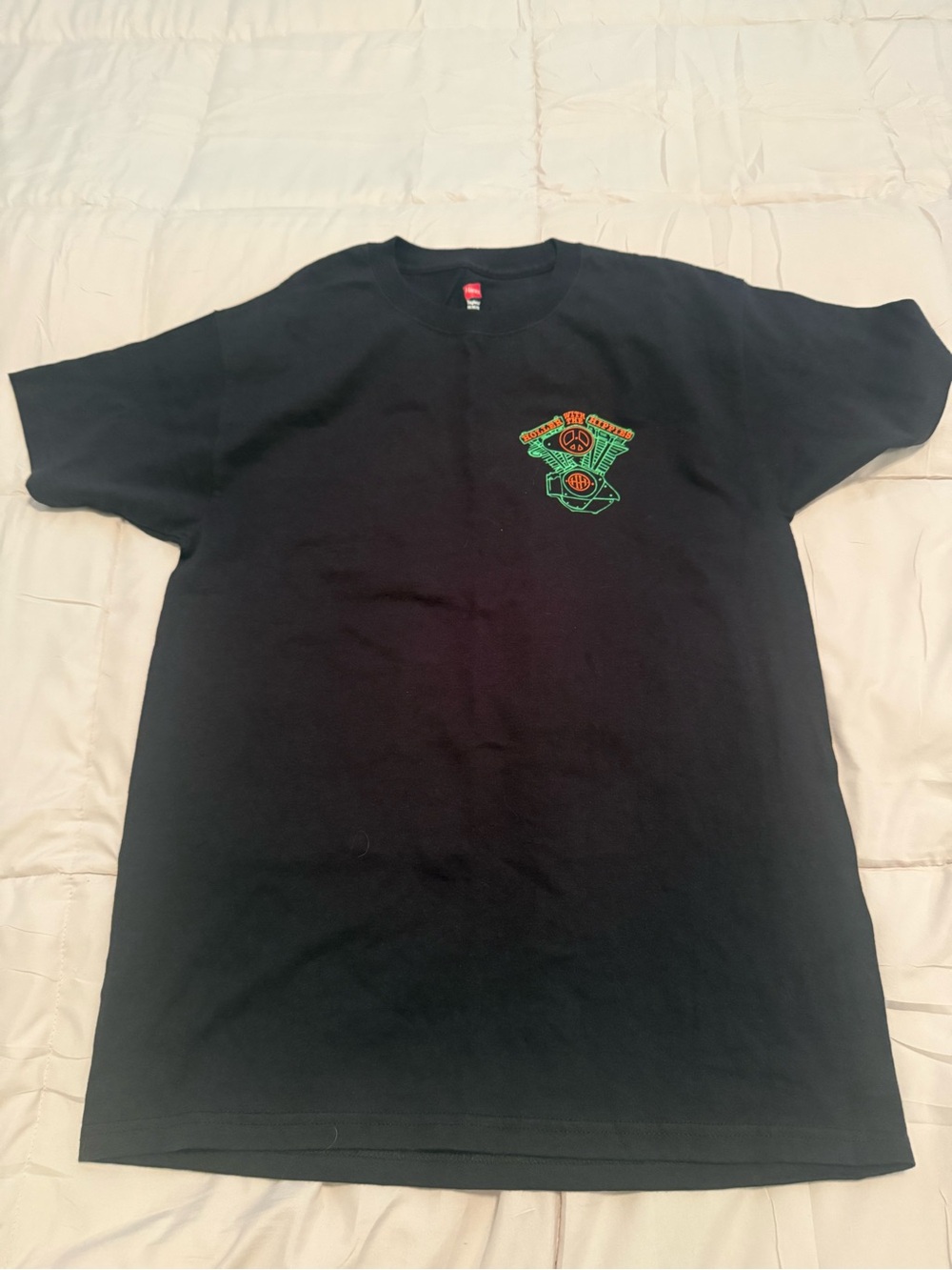 Hanes Black Short Sleeve Tee with Green and Orange Chest Graphic